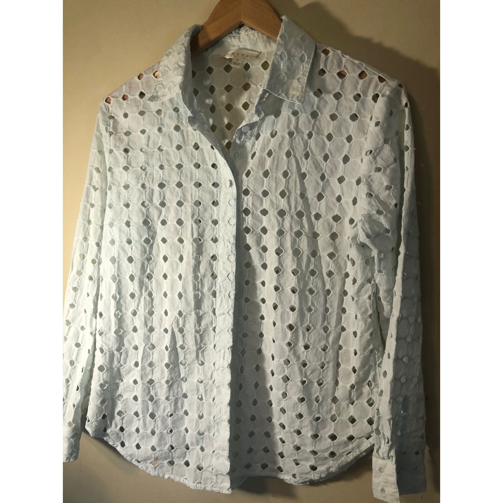 Adiva Light Blue Eyelet Button Down Shirt Long Sleeve Geometric Embroidery Small